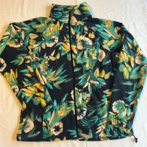 Columbia women’s fleece jacket. Navy turquoise gold white flower NWOT Size large